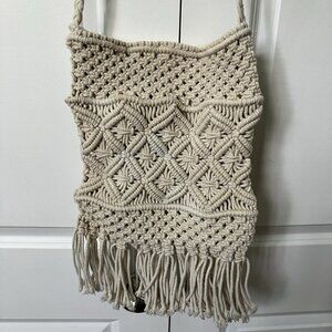 Straw Studios Macrame Bag Off White Woven Boho Fringe Crossbody